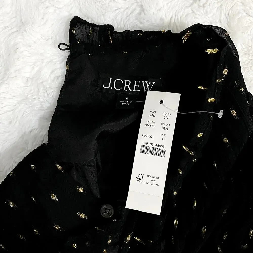 NEW J. Crew Black Lurex Chiffon Smocked Puff Sleeve High Neck Classic Top S